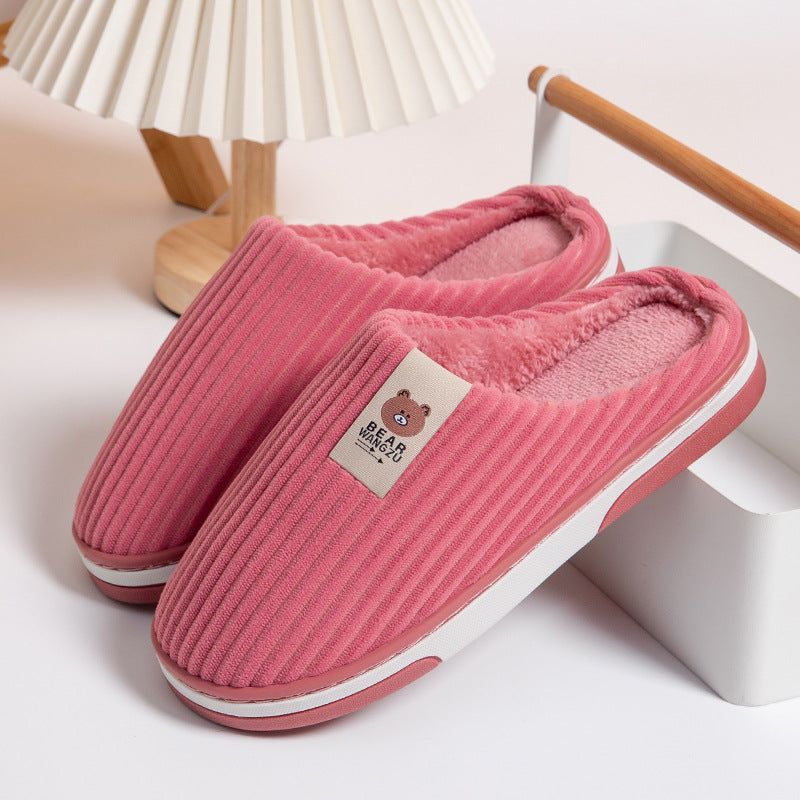 Solid Color Striped Slippers For Women Thick-soled Anti-slip Indoor Warm Plush Home Shoes Couple Women Men Slipper Winter - Designs By CRF