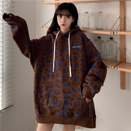 Leopard Print Sweater Lesbian Style Fried Street Loose Couple Plus Velvet Padded Hoodie Designs By CRF