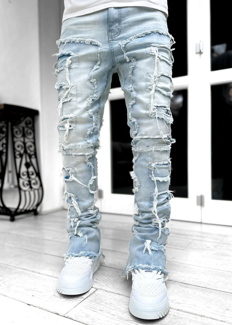 Men Trousers Individual Patched Pants Long Tight Fit Stacked Jeans For Men - Designs By CRF