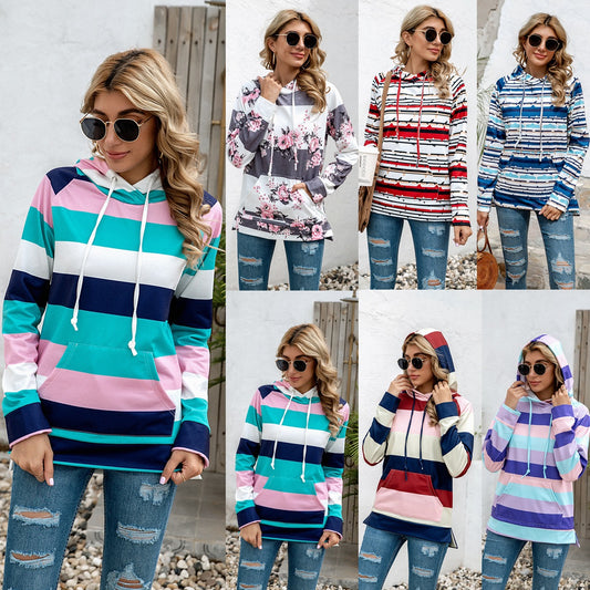 Rainbow Striped Flower Long Sleeve Hoodie Designs By CRF