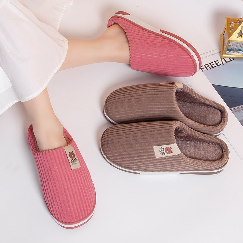 Solid Color Striped Slippers For Women Thick-soled Anti-slip Indoor Warm Plush Home Shoes Couple Women Men Slipper Winter - Designs By CRF