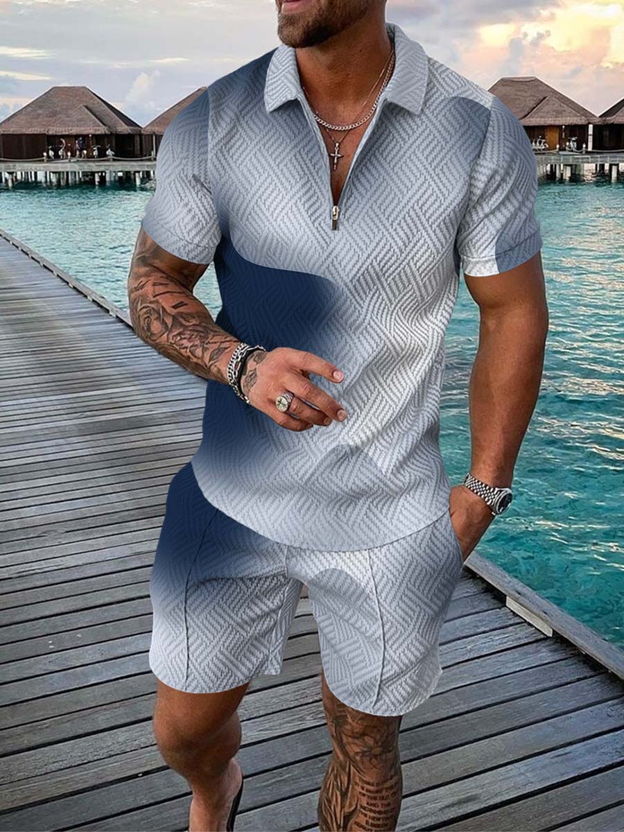 Men's Summer Fashion 3D Printed Short Sleeve Geometric Zip Lapel Shirt Set Designs By CRF