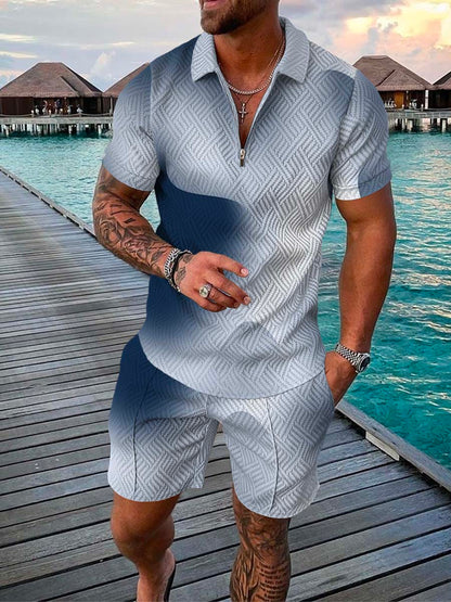 Men's Summer Fashion 3D Printed Short Sleeve Geometric Zip Lapel Shirt Set Designs By CRF