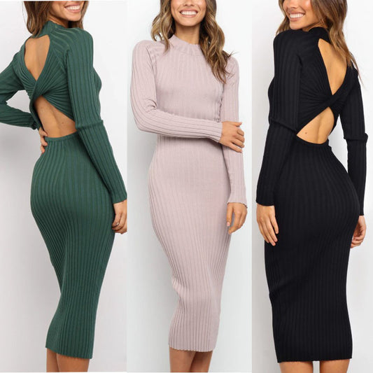 New Style Women's Suits Sweater Dresses Women's Solid Color Backless Bow Tight Dresses - Designs By CRF