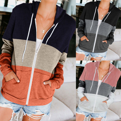 Long Sleeve Color Contrast Hoodie Women's Zipper Pocket Cardigan Jacket Designs By CRF