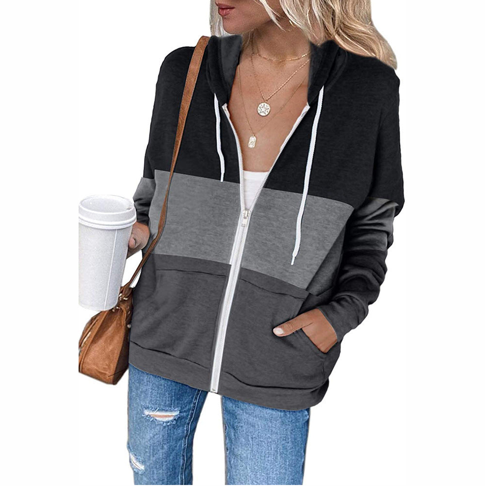 Long Sleeve Color Contrast Hoodie Women's Zipper Pocket Cardigan Jacket Designs By CRF