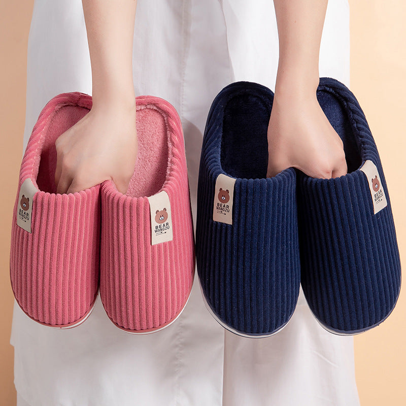 Solid Color Striped Slippers For Women Thick-soled Anti-slip Indoor Warm Plush Home Shoes Couple Women Men Slipper Winter - Designs By CRF