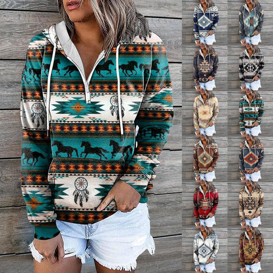 European And American Women's Zip Pocket Print Casual Hoodie Designs By CRF