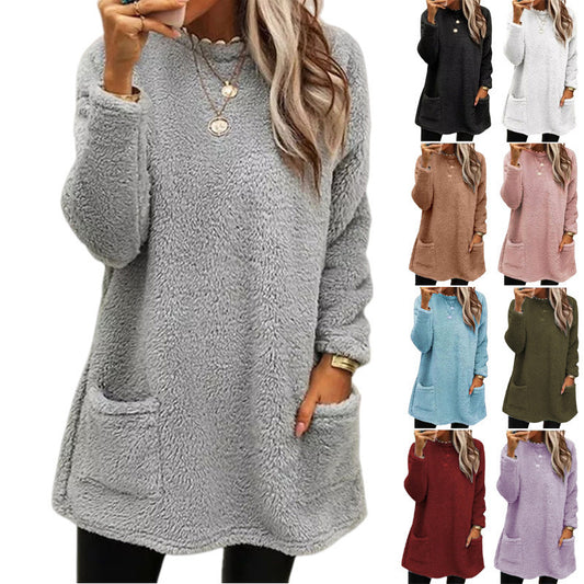 Women's Fleece Pullover Long Sweater With Pockets Winter Warm Casual Long Sleeve Plush Tops Designs By CRF