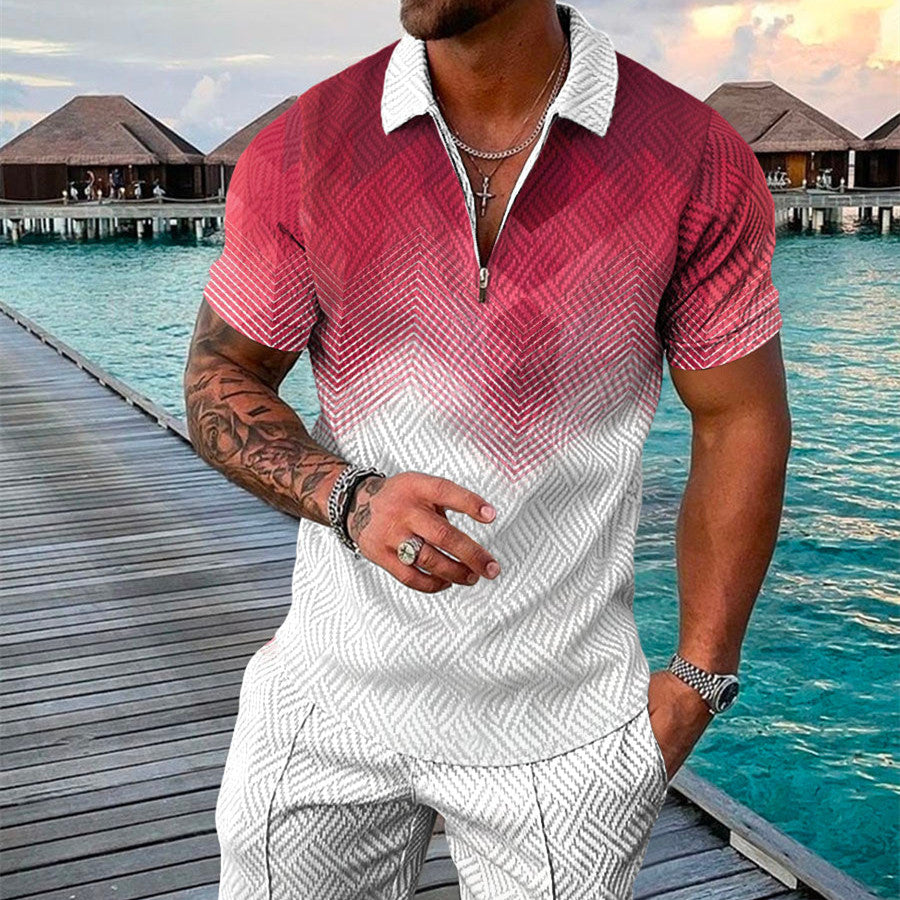 Men's Summer Fashion 3D Printed Short Sleeve Geometric Zip Lapel Shirt Set Designs By CRF