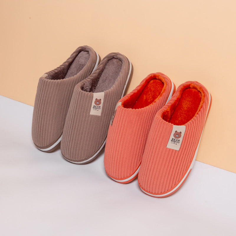 Solid Color Striped Slippers For Women Thick-soled Anti-slip Indoor Warm Plush Home Shoes Couple Women Men Slipper Winter - Designs By CRF