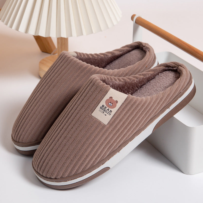 Solid Color Striped Slippers For Women Thick-soled Anti-slip Indoor Warm Plush Home Shoes Couple Women Men Slipper Winter - Designs By CRF