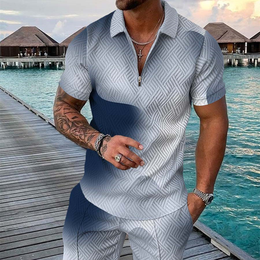 Men's Summer Fashion 3D Printed Short Sleeve Geometric Zip Lapel Shirt Set Designs By CRF