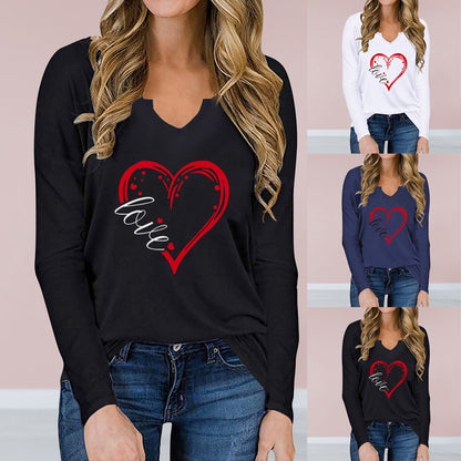 Vneck Valentines Day Printed Tshirt Cross-border Longsleeved Loose Top