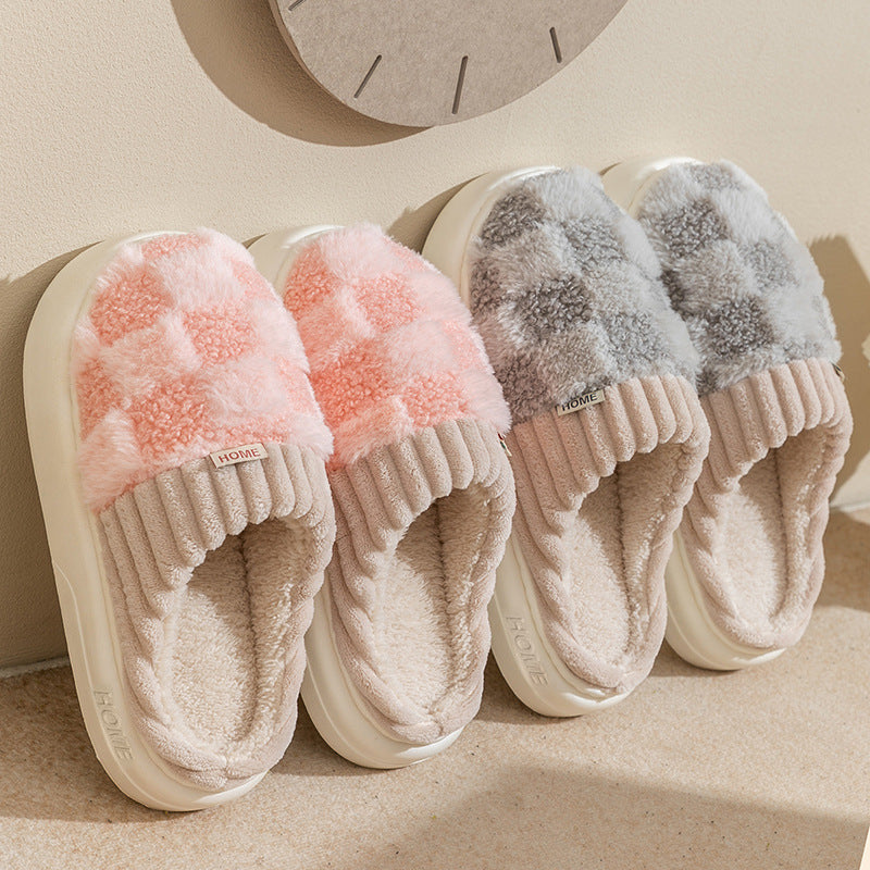 Plaid Plush Slippers Women's Indoor Plush Home Slippers Soft Sole Thick Non-Slip Warm House Shoes Couple Autumn And Winter - Designs By CRF