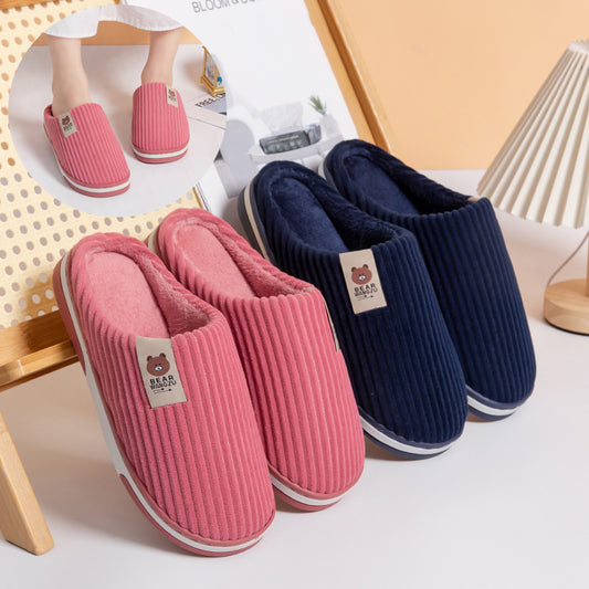 Solid Color Striped Slippers For Women Thick-soled Anti-slip Indoor Warm Plush Home Shoes Couple Women Men Slipper Winter - Designs By CRF