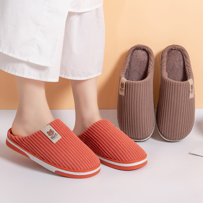 Solid Color Striped Slippers For Women Thick-soled Anti-slip Indoor Warm Plush Home Shoes Couple Women Men Slipper Winter - Designs By CRF