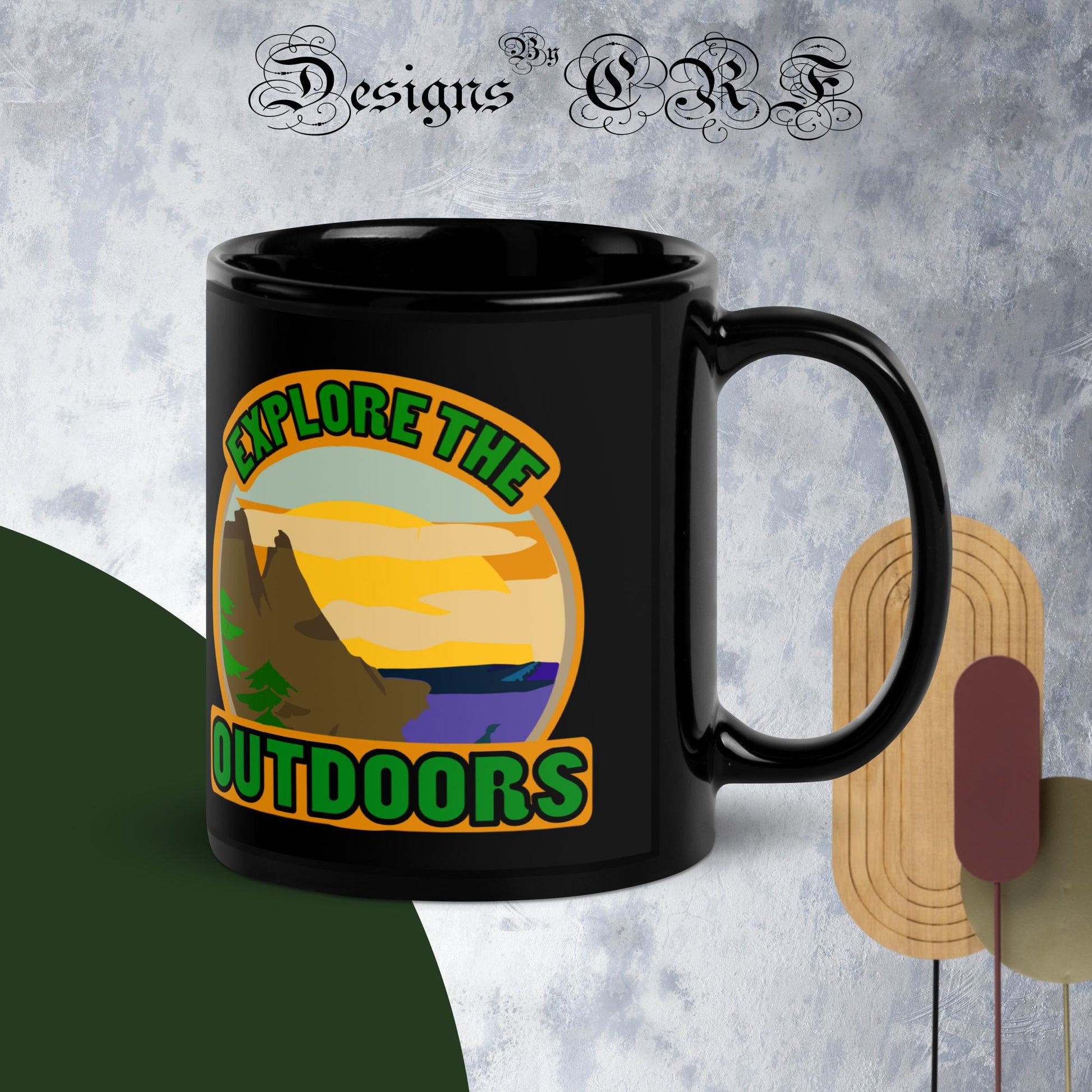 "Explore The Outdoors" Black Glossy Mug - Designs By CRF