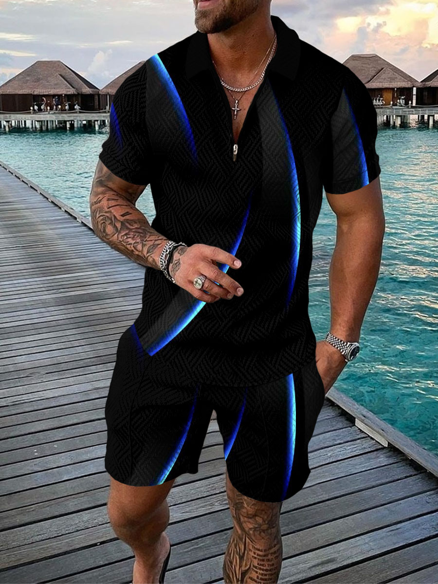 Men's Summer Fashion 3D Printed Short Sleeve Geometric Zip Lapel Shirt Set Designs By CRF