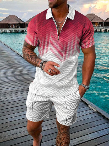 Men's Summer Fashion 3D Printed Short Sleeve Geometric Zip Lapel Shirt Set Designs By CRF