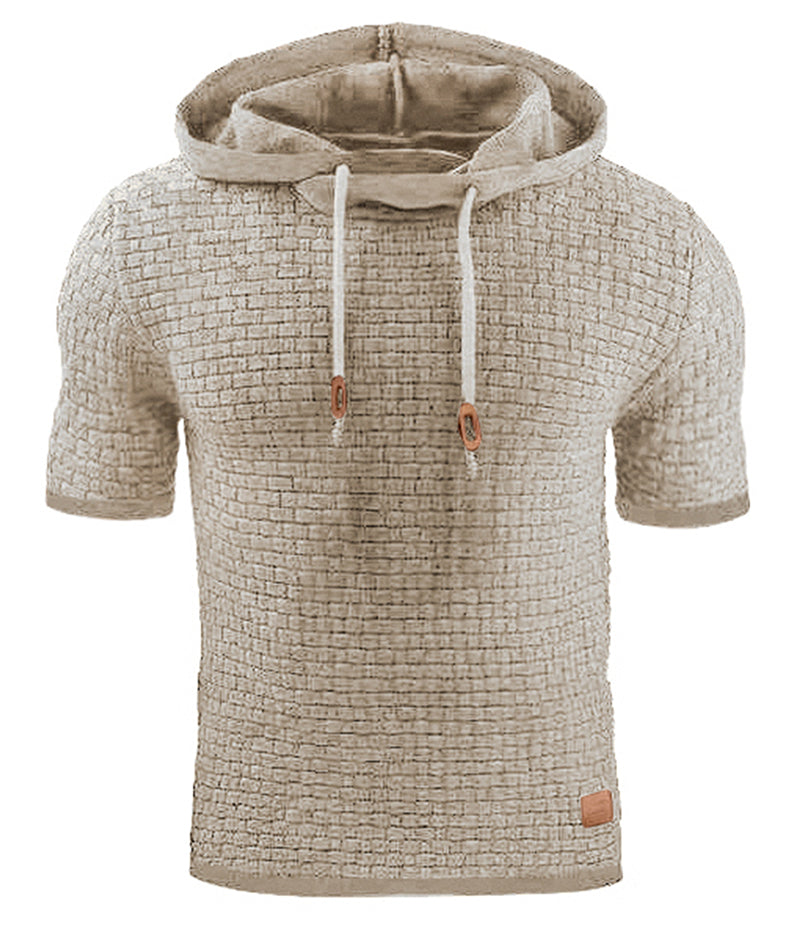 Mens Hooded Sweatshirt Short Sleeve Solid Knitted Hoodie Pullover Sweater