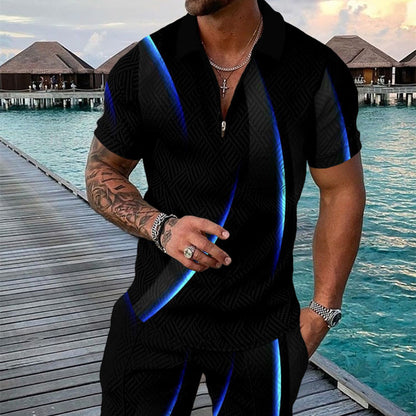 Men's Summer Fashion 3D Printed Short Sleeve Geometric Zip Lapel Shirt Set Designs By CRF