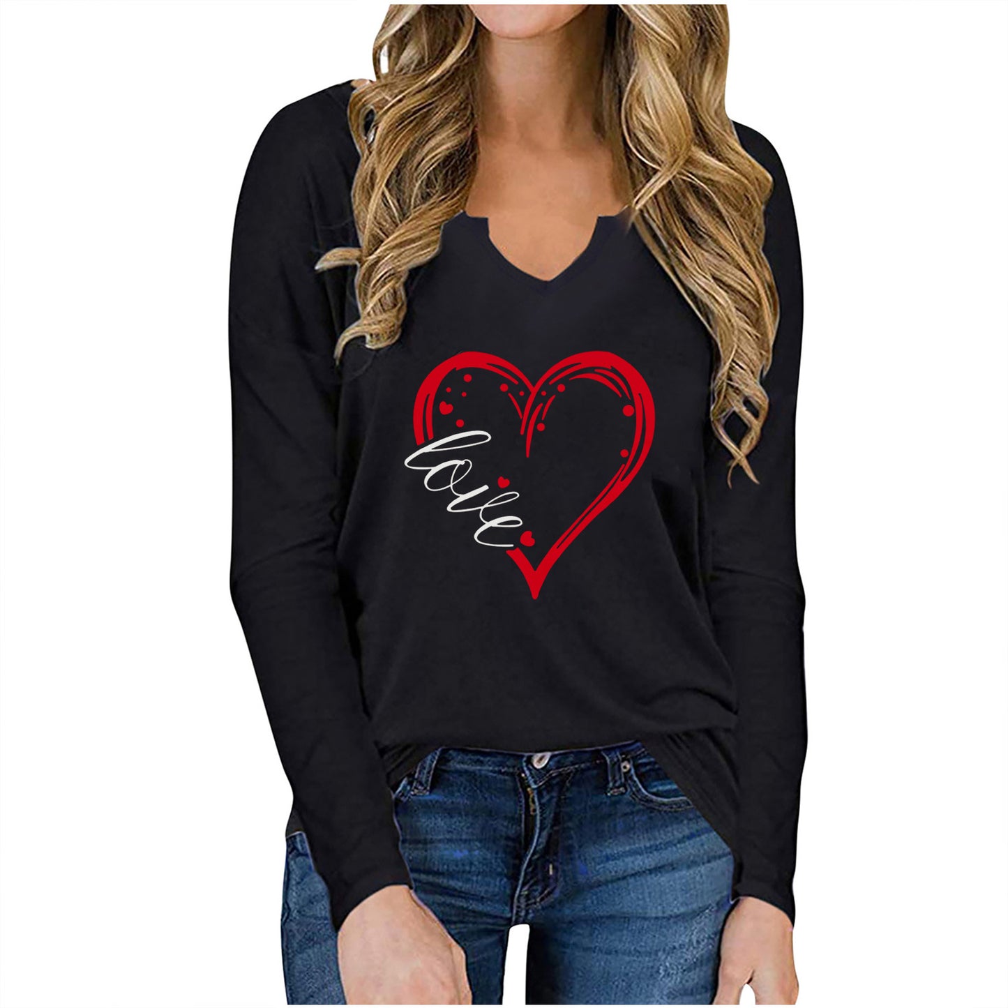 Vneck Valentines Day Printed Tshirt Cross-border Longsleeved Loose Top