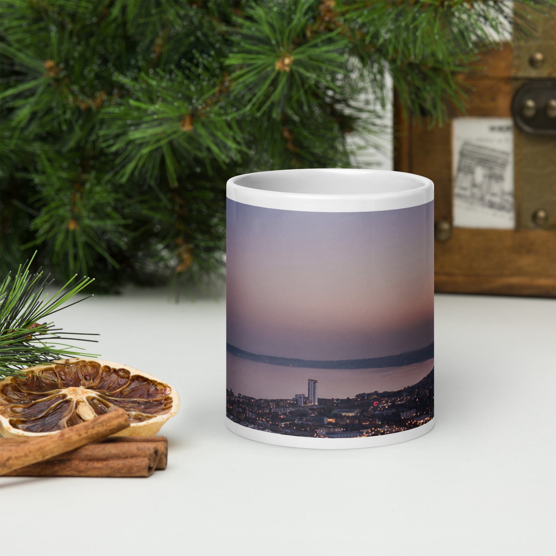 Swansea Bay at Dusk White glossy mug - Designs By CRF